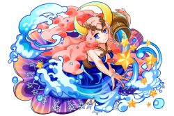 Rule 34 | 1girl, asymmetrical horns, bare shoulders, blue eyes, blue skirt, breasts, cleavage, criac, dragon egg, hair ornament, hairs, horns, jug (bottle), long hair, looking at viewer, medium breasts, outstretched hand, pink hair, pink pupils, pitcher (container), skirt, solo, star (symbol), water