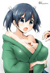 Rule 34 | 10s, 1girl, bare shoulders, blue eyes, blue hair, blush, breasts, bust cup, collarbone, covered erect nipples, fish, fuyu mi, goldfish, gradient background, hair ribbon, japanese clothes, kantai collection, large breasts, open mouth, ribbon, short hair, side ponytail, solo focus, souryuu (kancolle), tears, twintails, twitter username
