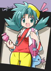 Rule 34 | 1girl, :d, aqua eyes, blue hair, creatures (company), cropped jacket, drop shadow, game freak, gen 2 pokemon, gluteal fold, hair between eyes, hair intakes, highres, jacket, kris (pokemon), long sleeves, looking at viewer, nintendo, open clothes, open jacket, open mouth, pink bag, pokegear, pokemon, pokemon (creature), pokemon gsc, rascal (feuille), red shirt, shirt, smile, solo, thigh gap, twintails, white jacket, wooper