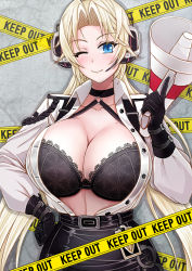 Rule 34 | 1girl, azur lane, belt, black belt, black bra, black choker, black gloves, black skirt, blonde hair, blouse, blue eyes, bra, breasts, caution tape, choker, cleavage, cuffs, gloves, handcuffs, highres, holding, holding megaphone, huge breasts, keep out, kronshtadt (azur lane), kronshtadt (begin the rush!) (azur lane), long hair, long sleeves, looking at viewer, megaphone, o-ring, official alternate costume, one eye closed, open clothes, open shirt, sai-go, shirt, skirt, solo, unbuttoned, underwear, very long hair, white shirt