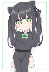Rule 34 | 1girl, animal ear fluff, animal ears, arms behind back, black bow, black dress, blue archive, blush stickers, bow, closed mouth, commentary request, dress, green bow, green eyes, hair bow, highres, kapuru 0410, long hair, pelvic curtain, short sleeves, shun (blue archive), shun (small) (blue archive), smile, solo, thighhighs, twintails, very long hair, white background