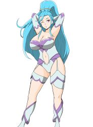 Rule 34 | absurdres, amazon pandora, armor, arms behind head, bikini armor, blue hair, breasts, cleavage, clothing cutout, highres, kid icarus, kid icarus uprising, leotard, long hair, maeharasan4, navel cutout, nintendo, one eye closed, ponytail, purple eyes, tagme, thick thighs, thighs, white background, wide hips, wink