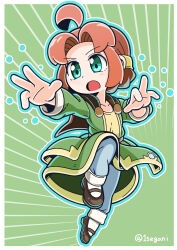 Rule 34 | 1girl, 1segani, artist&#039;s name, blue outline, blue pants, brown hair, collarbone, fighting stance, full body, green background, green eyes, green robe, hearthstone, highres, looking to the side, mary janes, open mouth, outline, pants, robe, shoes, socks, solo, sorcerer&#039;s apprentice, twitter username, warcraft, white outline, white socks