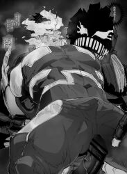 Rule 34 | 2boys, absurdres, bar censor, bara, bodysuit, boku no hero academia, censored, clenched teeth, endeavor (boku no hero academia), erection, fire, greyscale, highres, large pectorals, male focus, mature male, migi (mm86262394), monochrome, multiple boys, muscular, muscular male, pectorals, penis, short hair, teeth, thick thighs, thighs, translation request, yaoi