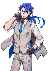 Rule 34 | 1boy, belt, belt buckle, black gloves, blue hair, blue necktie, brown belt, buckle, buttons, collared shirt, commentary request, cowboy shot, crescent, crescent pin, cu chulainn (fate), cu chulainn (fate) (all), cu chulainn (fate/prototype), dress shirt, earrings, fang, fate/grand order, fate (series), formal, gloves, hair ribbon, hand on own hip, holding, holding clothes, holding jacket, jacket, jacket over shoulder, unworn jacket, jewelry, long hair, long sleeves, looking at viewer, male focus, necktie, nishi juuji, open mouth, pants, pendant, ponytail, red eyes, ribbon, shirt, simple background, smile, solo, suit, three-piece suit, tie clip, type-moon, vest, white background