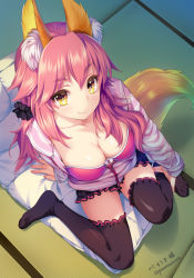 Rule 34 | 10s, 1girl, animal ears, breasts, casual, cleavage, fate/extra, fate/extra ccc, fate (series), fox ears, fox tail, from above, large breasts, long hair, looking up, official alternate costume, paint musume, pink hair, scrunchie, sitting, smile, solo, tail, tamamo (fate), tamamo no mae (fate/extra), tamamo no mae (spring casual) (fate), tatami, thighhighs, yellow eyes