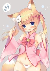 Rule 34 | 1girl, animal ear fluff, animal ears, bare shoulders, bell, blonde hair, blue eyes, blush, bow, bow panties, cat hair ornament, detached sleeves, fang, flying sweatdrops, fox ears, fox girl, fox tail, gluteal fold, grey background, groin, hair bell, hair between eyes, hair ornament, hair ribbon, hairclip, hands up, head tilt, jingle bell, kemomimi oukoku kokuei housou, long hair, long sleeves, looking at viewer, mikoko (kemomimi oukoku kokuei housou), navel, no pants, panties, parted lips, purinpurin, red bow, red ribbon, ribbon, sidelocks, solo, spoken flying sweatdrops, tail, thighhighs, twintails, underwear, virtual youtuber, white panties, white thighhighs, wide sleeves