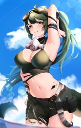 Rule 34 | 1girl, absurdres, arknights, arm strap, arm up, armpits, bare shoulders, black shorts, blue sky, breasts, cleavage, cloud, commentary, cowboy shot, crocodilian tail, crop top, day, gavial (arknights), gavial the invincible (arknights), goggles, goggles on head, green hair, highres, large breasts, long hair, mask, mask around neck, material growth, midriff, navel, oripathy lesion (arknights), outdoors, ponytail, short shorts, shorts, sky, solo, standing, stomach, tail, very long hair, yan kodiac, yellow eyes