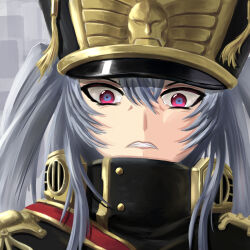 Rule 34 | 1girl, 2187428007, altair (re:creators), black coat, black hat, blue eyes, clenched teeth, coat, commentary, commentary request, disgust, gold trim, hair between eyes, hat, highres, long hair, medium bangs, military uniform, re:creators, red eyes, shako cap, symbol-shaped pupils, teeth, thick eyelashes, triangle-shaped pupils, uniform, white hair