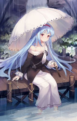 Rule 34 | 1girl, bare shoulders, black shirt, blue hair, blush, brown eyes, closed mouth, commentary request, day, hairband, highres, holding, holding umbrella, leilin, little busters!, long hair, long sleeves, looking at viewer, nishizono mio, off shoulder, outdoors, pier, rain, red hairband, ripples, shirt, sitting, skirt, sleeves past wrists, soaking feet, solo, umbrella, very long hair, white neckwear, white skirt, white umbrella