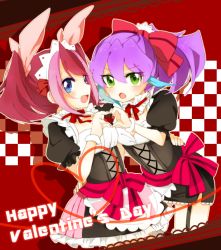 Rule 34 | 2girls, :d, alternate costume, bad id, bad pixiv id, blue eyes, blue hair, bow, bracelet girls, enmaided, green eyes, hair bow, happy valentine, heart, heart hands, hiiragi yuzu, maid, multicolored hair, multiple girls, open mouth, pink hair, ponytail, puruchino, serena (yu-gi-oh!), short twintails, smile, twintails, two-tone hair, valentine, yu-gi-oh!, yu-gi-oh! arc-v