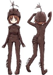 Rule 34 | 10s, 1girl, anglerfish costume, brown eyes, brown hair, closed mouth, commentary, fish costume, full body, girls und panzer, hat, kakizaki (chou neji), looking at viewer, multiple views, nishizumi miho, short hair, simple background, standing, white background