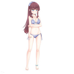 Rule 34 | 1girl, absurdres, anklet, barefoot, bikini, blue eyes, blunt bangs, blush, breasts, brown hair, cleavage, closed mouth, collarbone, full body, hair ribbon, halterneck, highres, jewelry, long hair, looking at viewer, medium breasts, mole, mole on breast, navel, new game!, ponytail, print bikini, purple bikini, purple ribbon, ribbon, sainohikari, side-tie bikini bottom, simple background, solo, standing, star (symbol), star print, string bikini, swimsuit, takimoto hifumi, very long hair, white background