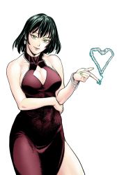 Rule 34 | 1girl, bare shoulders, breasts, cleavage, cleavage cutout, closed mouth, clothing cutout, commentary, covered navel, cowboy shot, dress, english commentary, fingernails, fubuki (one-punch man), green eyes, green hair, green nails, hand up, head tilt, heart, highres, large breasts, looking at viewer, medium hair, nail polish, one-punch man, red dress, simple background, smile, solo, standing, telekinesis, white background, y naf