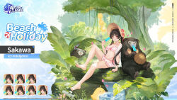 Rule 34 | &gt; &lt;, 1girl, animal, arm support, azur lane, bare legs, barefoot, bear, bikini, bikini skirt, bird, black hair, blush, breasts, chick, cleavage, collarbone, copyright name, english text, expressions, feet, flower, food, forest, frilled bikini, frills, full body, hair flower, hair ornament, hat, highres, holding, holding food, ice, knee up, legs, long hair, looking at viewer, medium breasts, nature, navel, official alternate costume, official art, pink bikini, popsicle, red eyes, sakawa (azur lane), sakawa (icy indulgence) (azur lane), sitting, skirt, smile, solo, stomach, straw hat, sun hat, swimsuit, thighs, toes, tree, twintails, water