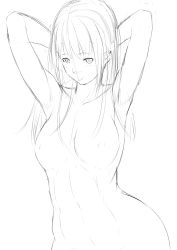 Rule 34 | 1girl, armpits, arms behind head, arms up, bad id, bad pixiv id, breasts, greyscale, highres, long hair, looking at viewer, medium breasts, monochrome, navel, nipples, niwatazumi, original, sidelocks, sketch, smile, solo, tongue, tongue out, upper body