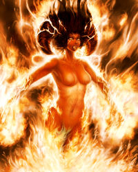 Rule 34 | 1girl, black hair, breasts, female focus, fire, glowing, glowing eyes, horns, navel, no nipples, nude, open mouth, original, solo, tattoo