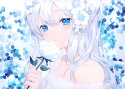 Rule 34 | achiki, bare shoulders, blue eyes, close, closed mouth, flower, hair flower, hair ornament, highres, long hair, looking at viewer, original, polychromatic, rose, scan, white hair