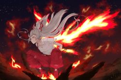 Rule 34 | 1girl, bow, collared shirt, colored eyelashes, embers, fiery wings, fire, flat chest, fujiwara no mokou, ground shatter, hair bow, hands in pockets, highres, long hair, looking afar, neck, night, night sky, pants, red eyes, red footwear, red pants, shirt, shoes, short sleeves, silver hair, sky, smile, solo, star (sky), surume (kvpsurume), suspenders, taking off, talismans, torn clothes, torn sleeves, touhou, very long hair, white shirt