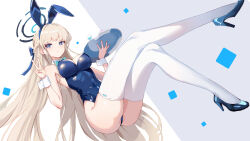 Rule 34 | 1girl, animal ears, aqua bow, aqua bowtie, ass, blonde hair, blue archive, blue bow, blue bowtie, blue eyes, blue leotard, bow, bowtie, breasts, crossed legs, detached collar, earpiece, fake animal ears, fake tail, halo, high heels, highleg, highleg leotard, highres, holding, holding tray, large breasts, leotard, long hair, looking at viewer, official alternate costume, playboy bunny, rabbit ears, rabbit tail, rorokaede, solo, strapless, strapless leotard, tail, thighhighs, toki (blue archive), toki (bunny) (blue archive), tray, v, very long hair, white thighhighs, white wrist cuffs, wrist cuffs