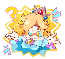 Rule 34 | 1girl, ?, bare shoulders, blonde hair, blue eyes, collarbone, crown, earrings, hair over one eye, homriette, jewelry, mario (series), mario party, mario party superstars, mini crown, nintendo, rosalina, shrugging, signature, simple background, solo, upper body, white background