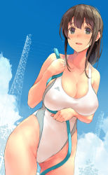 Rule 34 | 1girl, amamiya natsumi, bare arms, bare shoulders, blue eyes, blush, breast press, breasts, brown hair, cloud, collarbone, competition swimsuit, covered erect nipples, cowboy shot, day, gluteal fold, highleg, highleg swimsuit, hose, impossible clothes, kekemotsu, large breasts, lips, looking at viewer, one-piece swimsuit, open mouth, original, partially visible vulva, ponytail, sidelocks, sky, solo, swimsuit, thighs, tongue, transmission tower