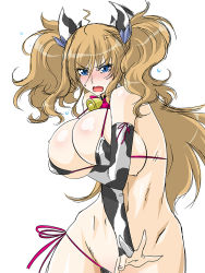 Rule 34 | 1girl, animal ears, animal print, aoi nagisa (metalder), bell, neck bell, bikini, blonde hair, blue eyes, blush, breast hold, breast press, breasts squeezed together, breasts, chinese zodiac, choker, collar, covering privates, covering breasts, cow print, embarrassed, fake animal ears, grabbing, huge breasts, lilith-soft, long hair, looking at viewer, micro bikini, onizaki kirara, open mouth, solo, sweat, swimsuit, taimanin (series), taimanin rpgx, twintails, upper body, year of the ox