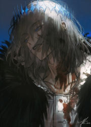 Rule 34 | 1boy, au (d elete), blood, blood on clothes, blue eyes, cape, crown, fate/grand order, fate (series), fur-trimmed cape, fur trim, grey hair, hair between eyes, long hair, male focus, oberon (fate), oberon (third ascension) (fate), open mouth, shirt, solo, spoilers, white shirt