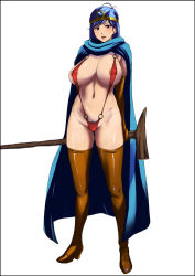 Rule 34 | 1girl, :d, alternate costume, antenna hair, areola slip, arisawa masaharu, arms behind back, bikini, blue hair, blush, boots, border, breasts, cameltoe, cape, chunsoft, circlet, cleavage, covered erect nipples, curvy, dragon quest, dragon quest iii, earrings, elbow gloves, enix, fantasy, female pubic hair, full body, gem, gloves, groin, high heel boots, high heels, holding, huge breasts, jewelry, lipstick, long hair, looking at viewer, makeup, micro bikini, mole, navel, nipples, o-ring, o-ring bottom, o-ring swimsuit, o-ring top, one-piece swimsuit, open mouth, orange gloves, orange thighhighs, pubic hair, red bikini, red eyes, red one-piece swimsuit, revealing swimsuit (dq), sage (dq3), sagging breasts, shiny clothes, shiny skin, simple background, slingshot swimsuit, smile, solo, staff, standing, strap gap, swimsuit, thigh boots, thighhighs, white background, wide hips