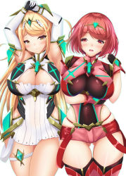 Rule 34 | 2girls, armor, armpits, arms up, blonde hair, blush, breast hold, breasts, chestnut mouth, cleavage, covered navel, cowboy shot, dress, fingerless gloves, gem, gloves, gluteal fold, hair ornament, headpiece, highres, jewelry, large breasts, long hair, looking at viewer, multiple girls, mythra (xenoblade), nintendo, okatora, open mouth, parted lips, pyra (xenoblade), red eyes, red hair, red legwear, red shorts, short hair, short shorts, shorts, skindentation, smile, swept bangs, thigh gap, thigh strap, thighhighs, tiara, xenoblade chronicles (series), xenoblade chronicles 2, yellow eyes