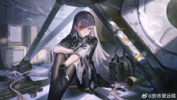 Rule 34 | 1girl, absurdres, ak-alfa, ak-alfa (girls&#039; frontline), black bag, black gloves, black jacket, black pantyhose, dress, feet out of frame, girls&#039; frontline, girls&#039; frontline 2: exilium, gloves, grey hair, gun, hand on own arm, highres, indoors, jacket, knees up, long hair, looking at viewer, on ground, pantyhose, parted lips, rifle, shade, sitting, solo, sweat, very long hair, weapon, white dress, yellow eyes, ying yi