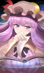 Rule 34 | 1girl, black bow, black bowtie, blue ribbon, blush, book, bow, bowtie, breasts, capelet, commentary request, covered mouth, crescent, crescent hat ornament, dark background, floating, floating book, floating object, hat, hat ornament, hat ribbon, highres, large breasts, long hair, magic circle, mob cap, namiki (remiter00), open book, partial commentary, patchouli knowledge, purple eyes, purple hair, red ribbon, ribbon, solo, touhou, turning page, upper body, wide sleeves
