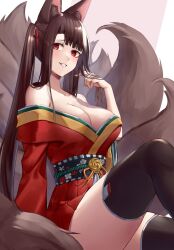 Rule 34 | 1girl, akagi (azur lane), alternate costume, alternate hairstyle, animal ears, azur lane, bare shoulders, black thighhighs, breasts, brown hair, brown tail, cleavage, cosplay, fox ears, fox girl, fox tail, hand in own hair, highres, japanese clothes, kimono, kitsune, knee up, kyuubi, large breasts, long hair, low neckline, multiple tails, off shoulder, pleated skirt, print kimono, red eyes, red kimono, sitting, skirt, taihou (azur lane), taihou (azur lane) (cosplay), tail, thighhighs, twintails, yorugami rei