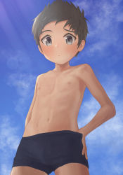 Rule 34 | 1boy, black hair, blue jammers, blue male swimwear, blue sky, blush, bulge, child, cloud, cowboy shot, day, from below, grey eyes, hand on own hip, highres, ijipon, jammers, looking at viewer, looking down, male focus, male swimwear, navel, nipples, original, outdoors, short hair, sky, solo, standing, sweat, swimsuit, topless male