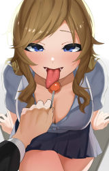 Rule 34 | 1boy, 1girl, absurdres, apple (ygbhjdbiulsg), arm support, blue eyes, blush, breasts, candy, cleavage, collarbone, cowboy shot, food, from above, grey shirt, highres, holding, idolmaster, idolmaster cinderella girls, large breasts, lollipop, long sleeves, looking at viewer, miniskirt, ohtsuki yui, pov, sexually suggestive, shiny skin, shirt, simple background, skirt, smile, solo focus, teeth, tongue, tongue out, white background
