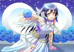 Rule 34 | 1girl, angel wings, arm ribbon, arm strap, artist name, artist request, bare shoulders, blue flower, blue hair, blue rose, conoelize, female focus, flower, hair ornament, hand in own hair, headset, holding, holding flower, holding out, leg ribbon, long hair, looking at viewer, love live!, love live! school idol festival, love live! school idol project, night, night sky, petals, ribbon, rose, shirt, skirt, sky, sleeveless, sleeveless shirt, smile, solo, sonoda umi, star (symbol), thigh strap, very long hair, white flower, wings, x hair ornament, yellow eyes