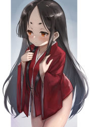 Rule 34 | 1girl, black hair, blush, bottomless, brown eyes, closed mouth, commentary request, cowboy shot, forehead, hair down, japanese clothes, kantai collection, kimono, long hair, long sleeves, naked kimono, nisshin (kancolle), orange eyes, parted bangs, short eyebrows, sidelocks, solo, striped, thick eyebrows, toka (marchlizard), very long hair, wide sleeves