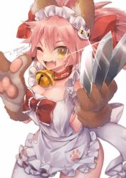Rule 34 | 1girl, animal ears, animal hands, apron, asymmetrical legwear, bell, blush, bow, breasts, cat hair ornament, claws, cleavage, collar, dated, fangs, fate/extra, fate/grand order, fate (series), fox ears, fox girl, frilled apron, frills, gloves, hair bow, hair ornament, jingle bell, large breasts, long hair, maid headdress, n:go, naked apron, neck bell, one eye closed, paw gloves, paw print, pink hair, ponytail, red collar, signature, simple background, single thighhigh, skin fangs, solo, sparkle, tamamo (fate), tamamo cat (fate), tamamo cat (third ascension) (fate), thighhighs, uneven legwear, white apron, white background, white thighhighs, yellow eyes