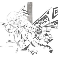 Rule 34 | 1girl, 3ma can omochi, abstract, arrow (symbol), bleeding, blood, bow, commentary, covering own mouth, cropped torso, falling feathers, feathers, from side, fujiwara no mokou, greyscale, hair bow, half-closed eyes, hand on own neck, hand over own mouth, highres, long hair, low-tied long hair, monochrome, profile, short sleeves, smoke from mouth, solo, song name, touhou, translated, twitter username, wings
