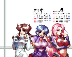 Rule 34 | 00s, 2005, 3girls, :d, ahoge, armor, august, banpresto, blue eyes, blue hair, blunt bangs, bodysuit, breast hold, breasts, brown hair, buttons, calendar, center opening, cleavage cutout, clothing cutout, detached sleeves, doughnut hair bun, dress, elbow gloves, fang, finger to mouth, gem, gloves, grin, hair bun, hair tubes, hand to own mouth, head tilt, hisahiko, kusuha mizuha, large breasts, leaning forward, lineup, long hair, looking at viewer, midriff, minaki tomine, miniskirt, multiple girls, naughty face, navel, open mouth, parted bangs, pauldrons, pink hair, pleated skirt, pointing, ponytail, purple eyes, selena recital, selena reshtal, september, short hair, shoulder armor, sidelocks, simple background, single hair bun, skirt, smile, spikes, super robot wars, super robot wars alpha, the 3rd super robot wars alpha, turtleneck, upper body, vambraces, very long hair, wallpaper, white background