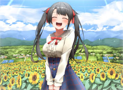 Rule 34 | 1girl, :d, black hair, blue skirt, blush, breasts, closed eyes, cloud, day, facing viewer, field, flower, flower field, frilled shirt collar, frills, hair ribbon, highres, hololive, large breasts, long hair, long sleeves, oozora subaru, oozora subaru (casual), open mouth, outdoors, pepushi drow, plaid, plaid skirt, red ribbon, ribbon, shirt, skirt, sky, smile, solo, sunflower, sunflower field, twintails, v arms, virtual youtuber, white shirt