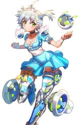 Rule 34 | 1girl, ahoge, blue dress, blue skirt, breasts, chiffon (soccer spirits), choker, cleavage, dress, green eyes, hair ornament, heart, heart hair ornament, highres, looking at viewer, medium breasts, official art, short hair, side ponytail, skirt, smile, soccer spirits, solo, standing, striped clothes, striped thighhighs, thighhighs, transparent background, white hair