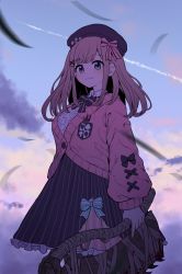 Rule 34 | 1girl, absurdres, beret, blood, bloodborne, blue eyes, bow, breasts, brown hair, cardigan, cloud, contrail, dress, fingernails, hair bow, hair ornament, hat, highres, large breasts, looking at viewer, nijisanji, oogushi aritomo, outdoors, pantyhose, pink cardigan, smile, solo, standing, suzuhara lulu, suzuhara lulu (1st costume), virtual youtuber, weapon, x hair ornament