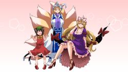Rule 34 | 3girls, animal ear fluff, animal ears, animal hat, blonde hair, bobby socks, bow, bowtie, breasts, brown hair, cat ears, cat tail, chen, claw pose, cleavage, closed eyes, commentary request, dress, flat chest, fox ears, fox tail, frills, full body, gao, hand up, hands up, hat, large breasts, long hair, looking at viewer, mob cap, multiple girls, multiple tails, nekomata, mob cap, pink background, purple dress, purple eyes, red dress, short hair, shundou heishirou, simple background, sitting, socks, standing, tabard, tail, touhou, two tails, very long hair, white dress, yakumo ran, yakumo yukari, yellow bow, yellow eyes, yellow neckwear