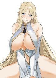Rule 34 | 1girl, areola slip, bare shoulders, blonde hair, blue eyes, blush, breast curtains, breasts, cowboy shot, detached sleeves, earrings, elf, highres, jewelry, large breasts, long hair, looking at viewer, navel, original, out-of-frame censoring, pointy ears, simple background, sitting, sketch, solo, spread legs, very long hair, wefightasone 1, white background