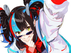 Rule 34 | 1girl, black nails, fate/grand order, fate (series), hair ornament, hairclip, looking over eyewear, looking over glasses, multicolored hair, nail polish, pako (pakosun), sei shounagon (fate), selfie, solo, sunglasses, tinted eyewear, tongue, tongue out, twintails, v, white background, yellow eyes