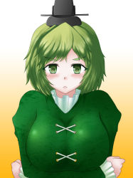 Rule 34 | 1girl, :&lt;, breasts, closed mouth, crossed arms, eyebrows, gradient background, green eyes, green hair, hat, large breasts, matching hair/eyes, short hair, soga no tojiko, solo, tama go, tate eboshi, touhou