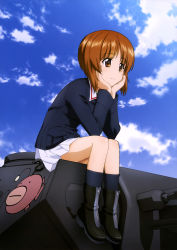 Rule 34 | 10s, 1girl, absurdres, anglerfish, black legwear, boots, brown eyes, brown hair, cloud, emblem, eyebrows, fish, girls und panzer, hands on own cheeks, hands on own face, head rest, highres, military, military vehicle, motor vehicle, nishizumi miho, official art, on vehicle, panzer iv, panzer iv, pleated skirt, short hair, sitting, skirt, sky, solo, tank, white skirt
