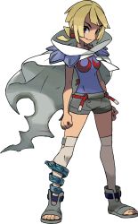 Rule 34 | 10s, 1girl, ankle boots, anklet, blonde hair, boots, breasts, brown eyes, chaps, cloak, creatures (company), female focus, full body, game freak, grey thighhighs, highres, holding, holding poke ball, jewelry, looking at viewer, nintendo, over-kneehighs, poke ball, pokemon, pokemon oras, short hair, short ponytail, shorts, shoulder pads, smile, solo, standing, thighhighs, third-party edit, toeless footwear, zinnia (pokemon)