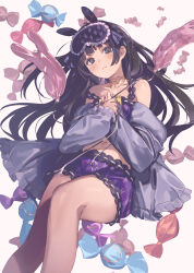 Rule 34 | 1girl, absurdres, animal ears, balloon, bare legs, bare shoulders, black hair, blue eyes, blunt bangs, blush, breasts, candy, character request, closed mouth, collarbone, copyright request, crop top, deflated, fake animal ears, feet out of frame, food, frilled sleeves, frills, grey jacket, highres, holding, jacket, kaerunoko, long hair, long sleeves, looking at viewer, lying, mask, mask on head, navel, nijisanji, on back, own hands together, purple shirt, purple shorts, rabbit balloon, ribbon-trimmed shorts, ribbon trim, shirt, shorts, simple background, sleep mask, sleeves past wrists, small breasts, solo, tentacles, tsukino mito, tsukino mito (loungewear), white background, wrapped candy